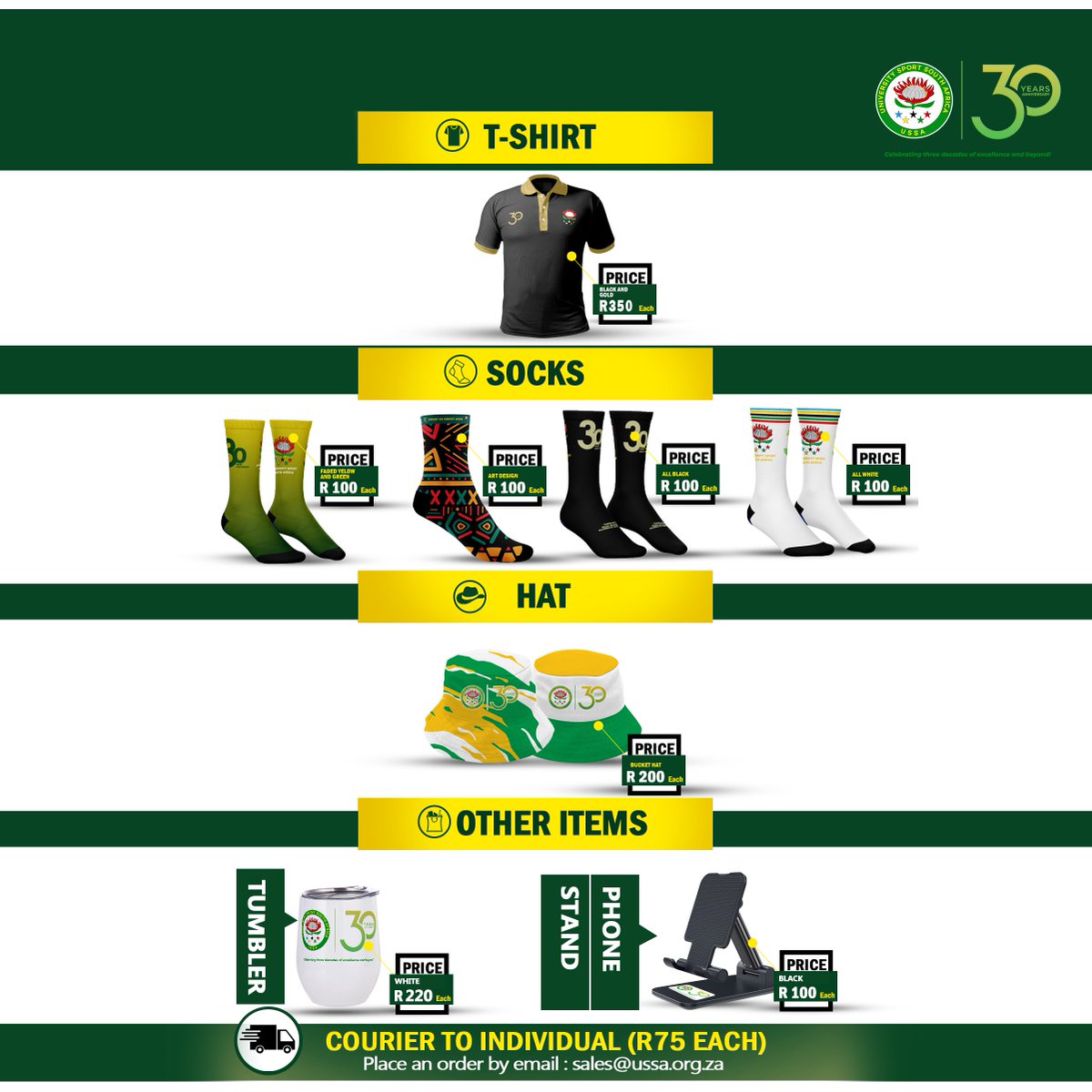 Celebrate University Sport South Africa's 30 years in style with our limited merchandise. Place orders today 📧 sales@ussa.org.za #USSAturns30 | #UniSport
