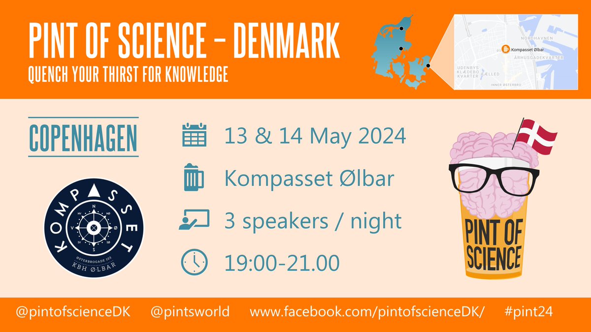 Pint of Science is coming to Copenhagen! 😍 
🗓️Monday and Tuesday, May 13&14
📍Kompasset Ølbar (Østerbrogade 103)
🕑Doors 18:30
🍺 QUENCH YOUR THIRST FOR KNOWLEDGE WITH #pint24
