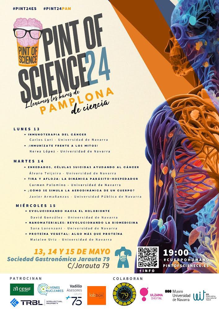 Del 13 al 15 de mayo llega a 📍PAMPLONA @pintofscienceES donde podrás disfrutar de charlas sobre cáncer, inmunología, microbios o nanomateriales acompañado de una 🍺 en Sociedad Gastronómica Jarauta 79 a las 19:00🕖¡No te lo pierdas! Comparte📲 #pintofscience #PINT24ES #PINT24PAM