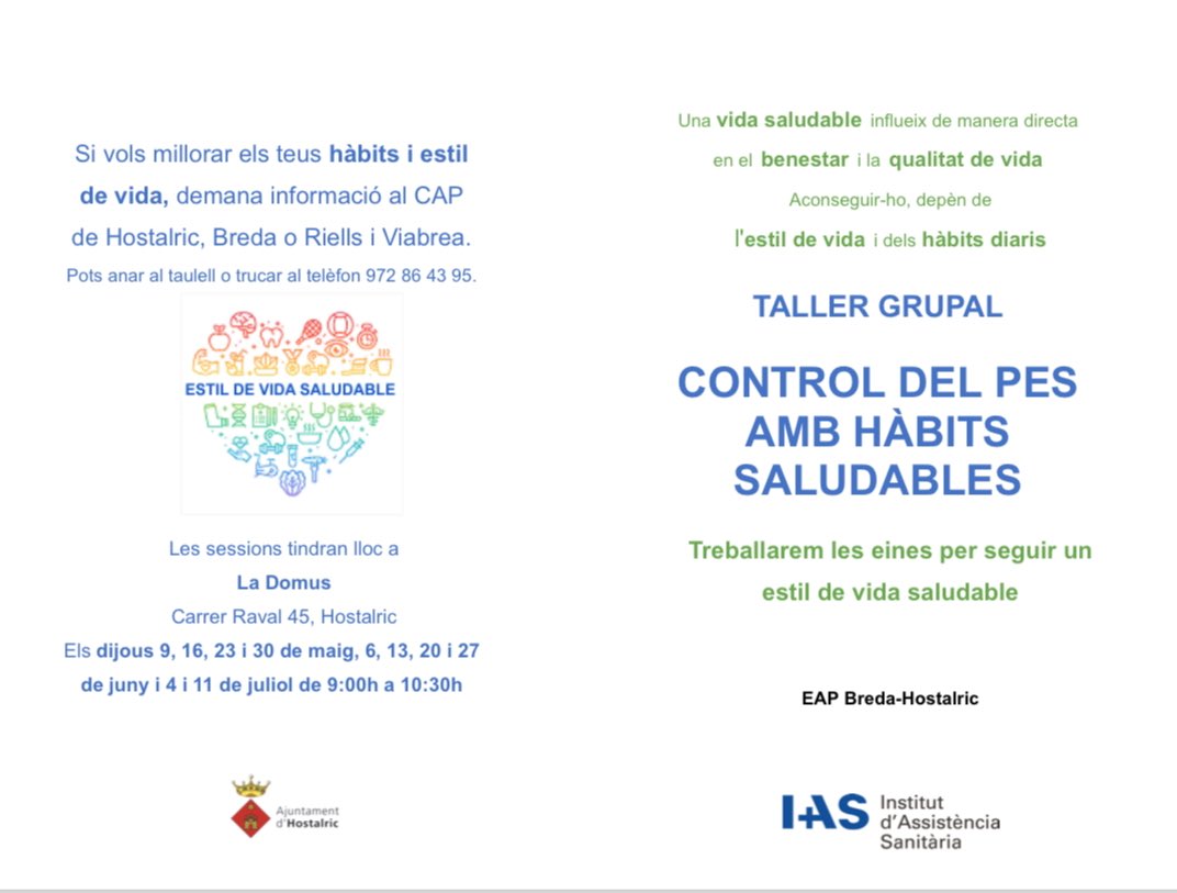 📣 L'equip d'atenció primària de Breda-Hostalric farà un taller grupal per introduir els hàbits saludables en el nostre dia a dia, i saber com fer-ho. 

Per al benestar i la qualitat de vida 👇

🗓️ 9, 16, 23 i 30 de maig, 6, 13, 20 i 27 de juny i 4 i 11 de juliol, a #Hostalric