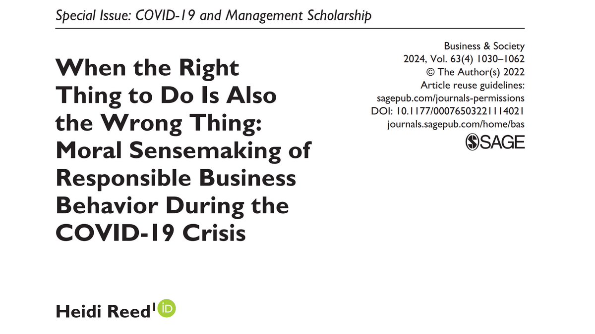 New work by Heidi Reed (@audencia) examining how individuals make moral sense of the potentially conflicting “economic problem” or “public health problem” representations of #COVID19 when judging responsible business behavior. #CSR. doi.org/10.1177/000765…