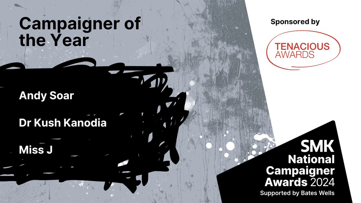 We're delighted to announce the shortlist for Campaigner of the Year. Congratulations to @kushkanodia @ESMISscotland @j_and_justice, Andy Soar and everyone who supported these great campaigns! 

Winner will be announced on 15 MAY. 

Sponsored by @TenaciousAwards. #SMKAwards2024