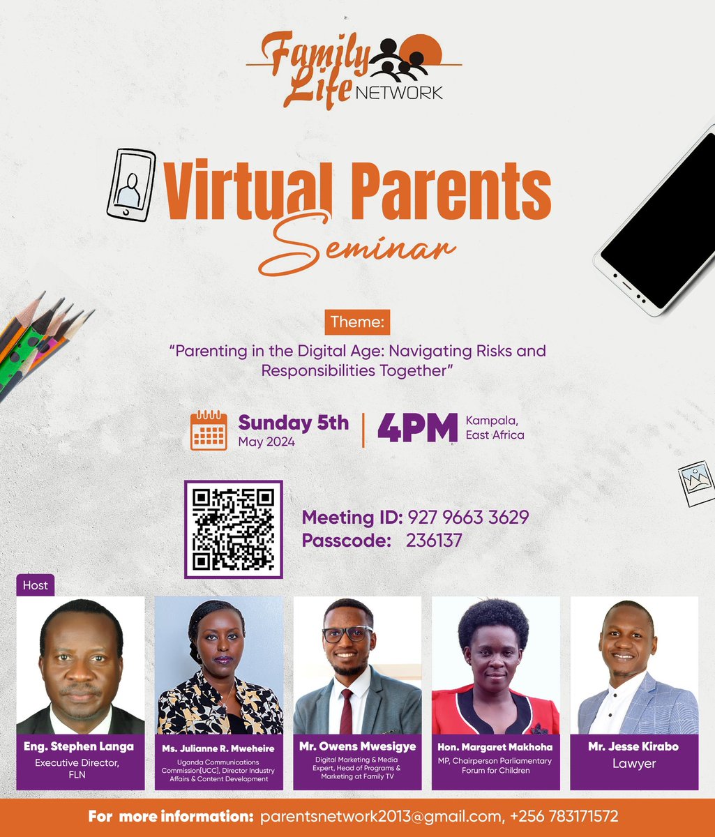 Family Life Network cordially invites you for a virtual parents seminar on Sunday, 4th May at 4PM under the theme ' Parenting in the digital age: Navigating risks and responsibilities together'. The seminar will be chaired by Eng. Stephen Langa, ED FLN, Ms. Julian Muheire,…