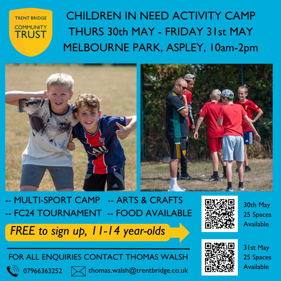 Spend some of your May half-term with the @OfficialTBCT, at our Children In Need Activity Days at Melbourne Park 😀 8-11 year-olds can join us on Tuesday & Wednesday (28th-29th May), and 11-14 year olds on Thursday and Friday (30th-31st) Sign up via the QR codes below ⬇️