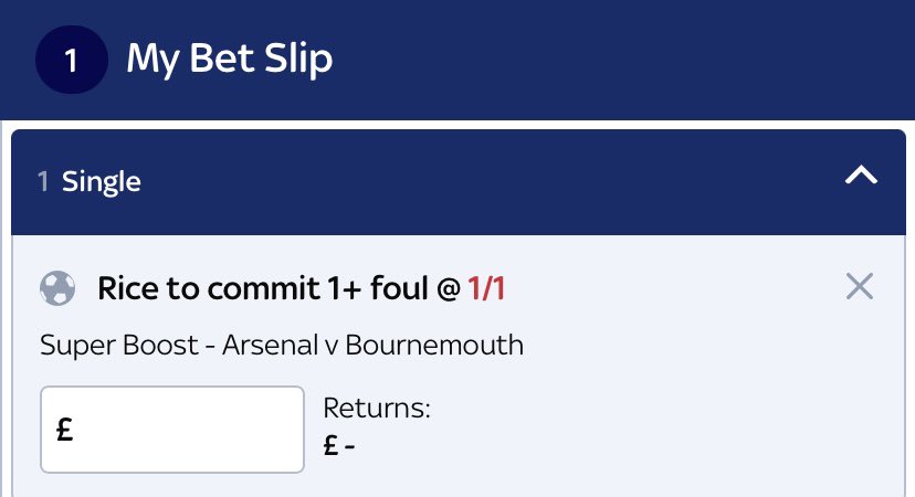 Sky Bet have a good boost today too, Rice to commit a foul v Bournemouth. 

I'm backing it so I'll sort a link.

It's one of the Hit Rates, he has fouled in each of his last five matches.

He has also fouled in seven of his last eight starts at the Emirates, looks solid.