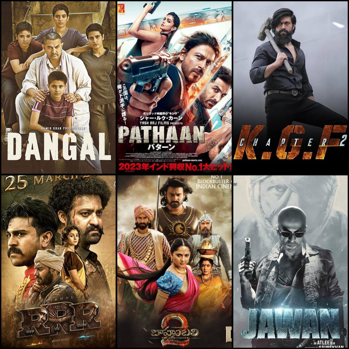 ₹1000cr Indian movies

Tollywood - 2
Bollywood - 3
Sandalwood - 1

Which is your favorite movie in these 6❓

#Dangal #Pathaan #KGF2 #RRR #Jawan