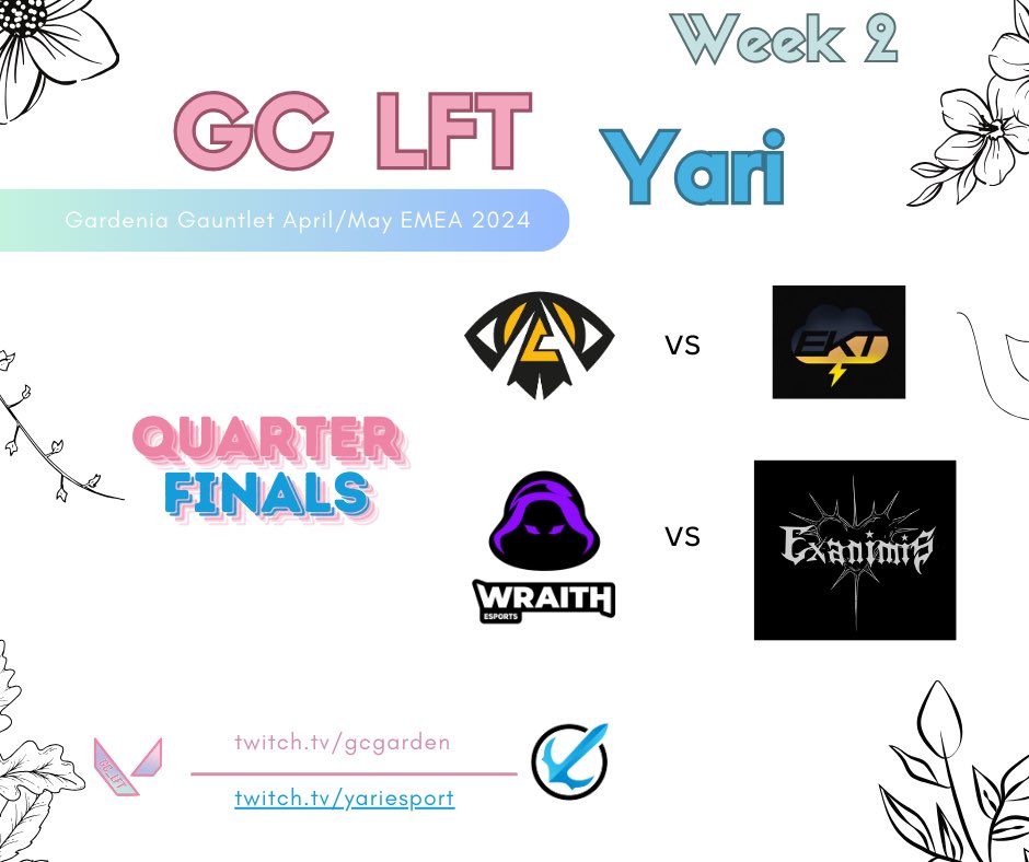 💕GC LFT💕 (@gc_lft) on Twitter photo WEEK 2 is here!!!!!
Good luck to all the EMEA teams this weekend playing in our double elimination bracket! We will be streaming on both twitches today!!
twitch.tv/gcgarden
twitch.tv/yariesport
<a href="/Yariesport/">Yari</a> <a href="/exanimisvlr/">Exanimis</a> <a href="/ELEKTRA_VAL/">ELEKTRA GC</a> <a href="/AnonymoEsports/">Anonymo Esports</a> <a href="/WRAITH_VAL/">WRAITH</a> WEEK 2 is here!!!!!
Good luck to all the EMEA teams this weekend playing in our double elimination bracket! We will be streaming on both twitches today!!
twitch.tv/gcgarden
twitch.tv/yariesport
<a href="/Yariesport/">Yari</a> <a href="/exanimisvlr/">Exanimis</a> <a href="/ELEKTRA_VAL/">ELEKTRA GC</a> <a href="/AnonymoEsports/">Anonymo Esports</a> <a href="/WRAITH_VAL/">WRAITH</a>