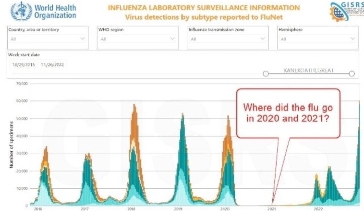 El extraño caso de la 'desaparición de la gripe': Gracias a las mascarillas la gripe desapareció 2 años. Sin embargo, a pesar de las mascarillas, los contagios de covid eran cada vez más numerosos con Omicron. Vosotros no lo entendéis porque no sois virólogos.