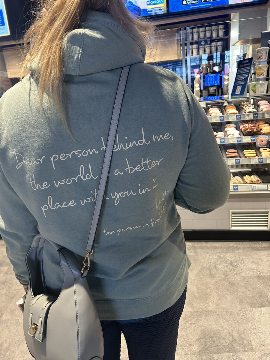 If the intention of the lady who wore the hoodie with this message on was to make the person behind them smile and feel a ray of joy in their day, kudos to her. Thank you. It worked with me. 👏🏻✨ #joy #rippleeffect #gratitude