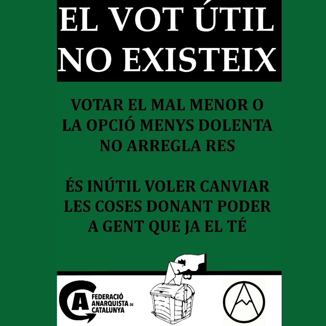 L'únic #votútil és #novotar i fer pressió i lluita al carrer. El sistema electoral sempre afavorirà al poder, mai canviarà les desigualtats, els conflictes ni la perversió econòmica i precarietat a la que estem sotmeses.
#contracampanyaFAC #votinútil #difonemlaidea