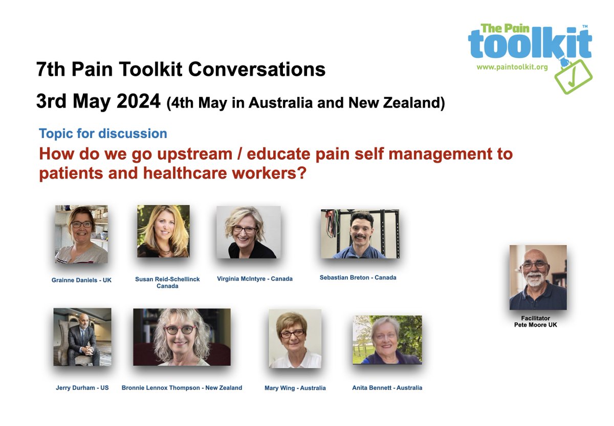 7th Pain Toolkit Conversations 3rd May 2024 @grainne_daniels @susanschellinck @Virginia_McI @Jerry_DurhamPT @adiemusfree @mary_wing_apsn Seb Bretton Anita Bennett youtu.be/aMozC8l_tGM?si… How do we go upstream / educate pain self management to patients and healthcare workers?