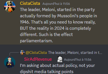 Discord user tries making an argument against Meloni