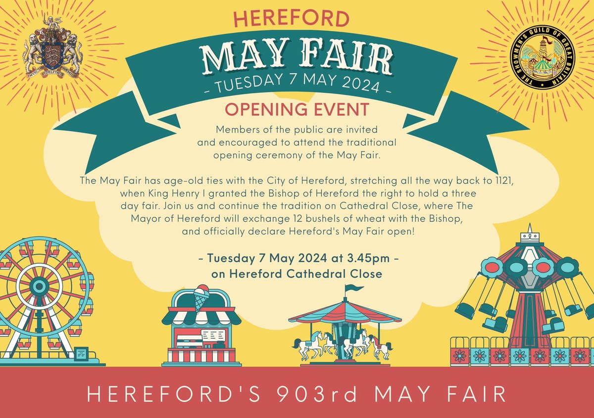 Witness the much-anticipated traditional opening ceremony of #Hereford's May Fair, which will take place on 7th May 3.45pm, outside Hereford Cathedral! Members of the public are, as always, invited and encouraged to attend this historic occasion. Info: buff.ly/3nIIFAb