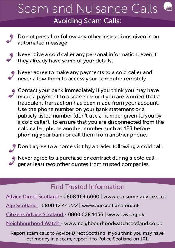 Do you have friends or relatives who are bothered by scam calls?

Our PDF with information about common scam calls and how to avoid them can be printed off for those who are not online 👇  #ScamShare #ScamAware

tsscot.co.uk/wp-content/upl…