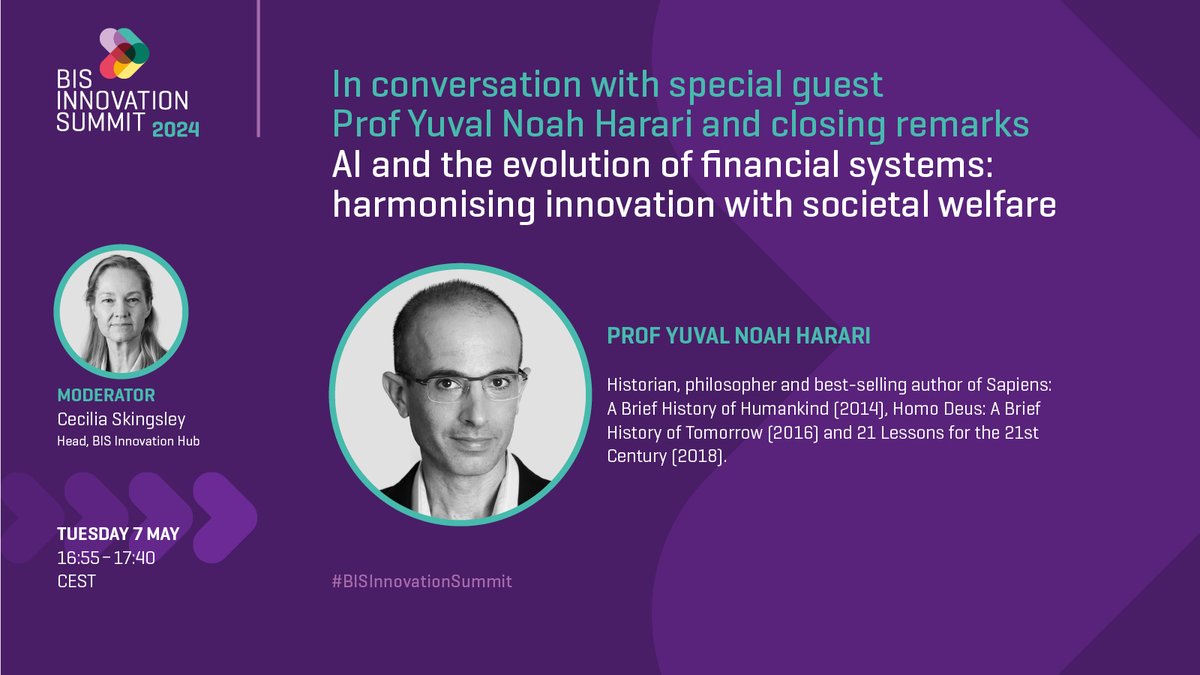 Honoured to welcome Yuval Noah Harari @harari_yuval at the #BISInnovationSummit to reflect on the potential impact of future technologies on society and the global financial system. 
Join the livestream! 
With BIS Innovation Hub Head Cecilia Skingsley
bis.org/events/bis_inn…