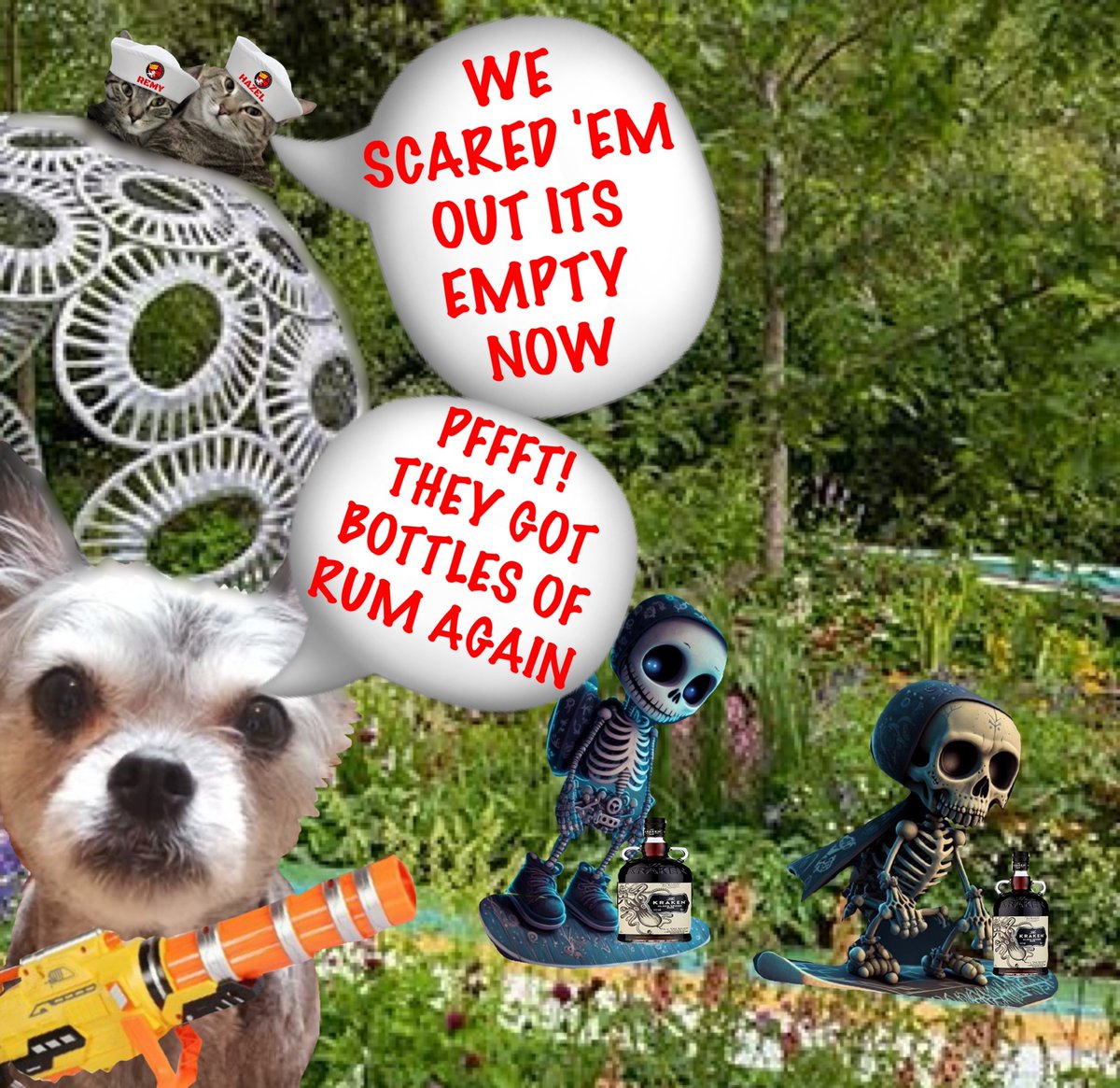 4 #zzst 🌸🪷🌺🪻🪻🌻🌹🌷🌸🪷🌺🪻🌻🌹🌷💐
WELL DONE CATS FOR FLUSHING THEM OUT
OH NOOOOO  THEY HAVE GOT HOLD OF RUM AGAIN
THEY FORGET IT GOES IN THE MOOUTH & OUT THROUGH THEIR RIBS😂🤣😂😅
Well done for getting those two👍🏻