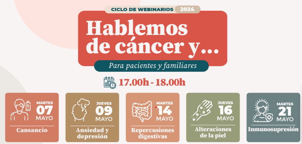 La Fundación MÁS QUE IDEAS realiza la 4ª edición del ciclo de webinarios para pacientes y familiares 'HABLEMOS DE CÁNCER Y...'. 🔗Inscripciones fundacionmasqueideas.org/portfolio/habl…