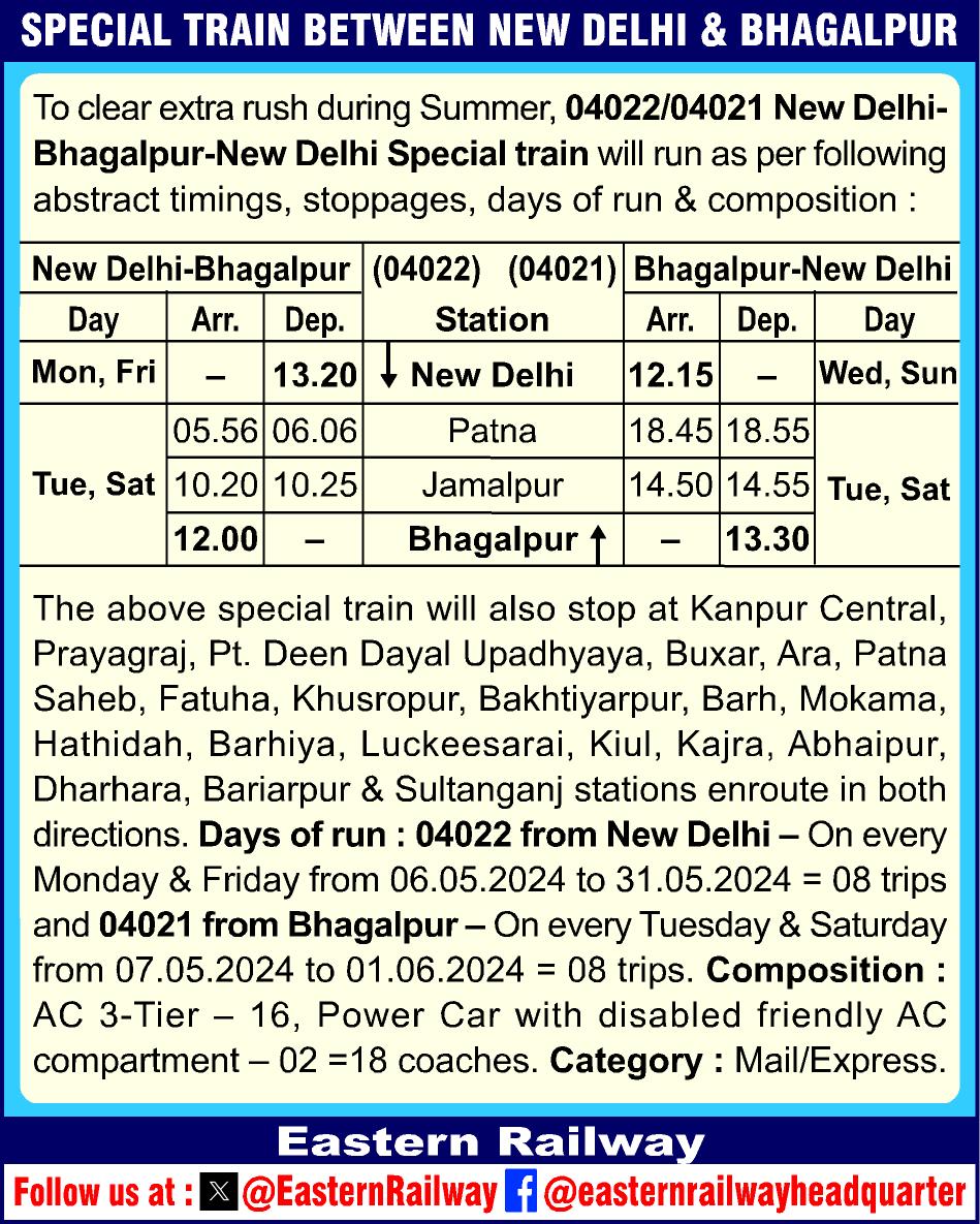 SPECIAL TRAIN BETWEEN NEW DELHI & BHAGALPUR