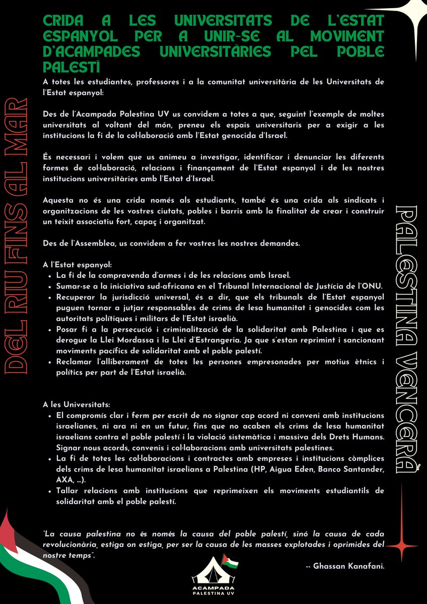 🇵🇸 ORGANITZEU-VOS A LES VOSTRES UNIVERSITATS!

El poble palestí ens necessita a totes. Juntes som més fortes.

#AcampadaPalestinaUV
#PalestinaLliure
#ValènciaStandsWithPalestine
#FreePalestine