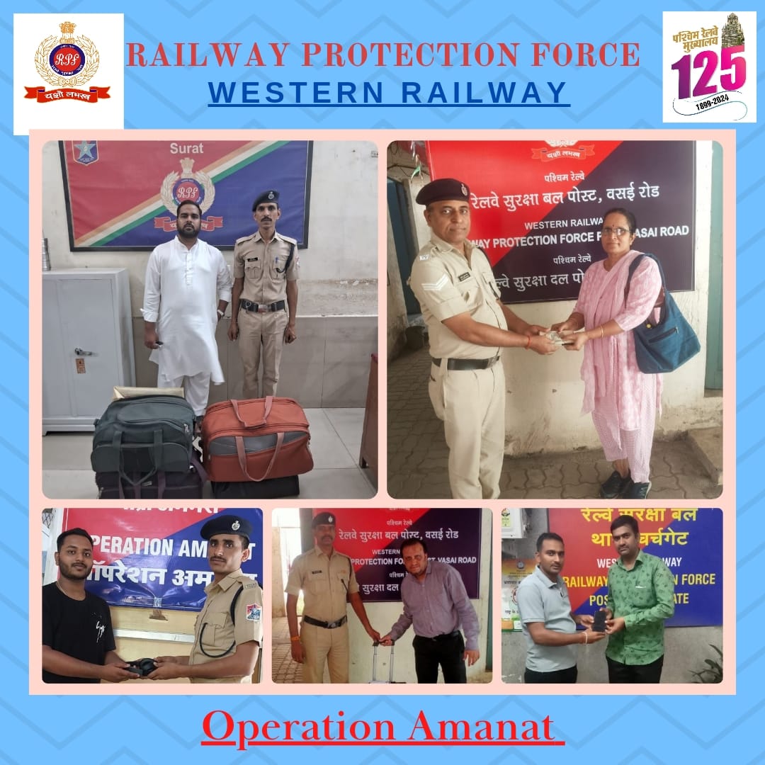 On May 3, 2024, alert RPF cops returned five pieces of misplaced passenger luggage left behind, valued at Rs 73,210/- in separate incidents at Churchgate, Bandra Terminus, Vasai Road, and Surat stations. After verification handed them over to their rightful owners. @RPF_INDIA