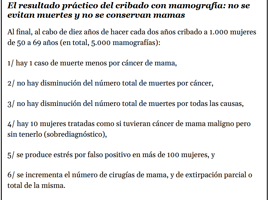 ¿Tiene sentido el diagnóstico precoz (cribado) del cáncer de mama, la mamografía? No. No tiene sentido La mamografía de cribado produce daños que no compensan y es actividad a evitar. Si fuera un medicamento se habría retirado del mercado hace décadas. diario16plus.com/tiene-sentido-…