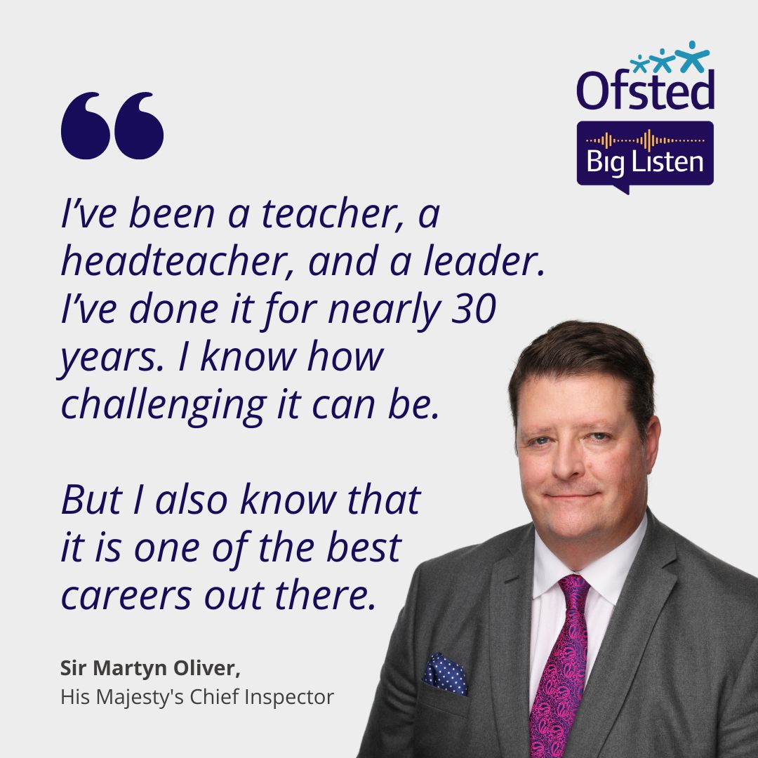 Sir Martyn Oliver told the @NAHTnews conference that he knows how difficult teaching can be. But he also knows how rewarding it can be. #NAHTconf #OfstedBigListen