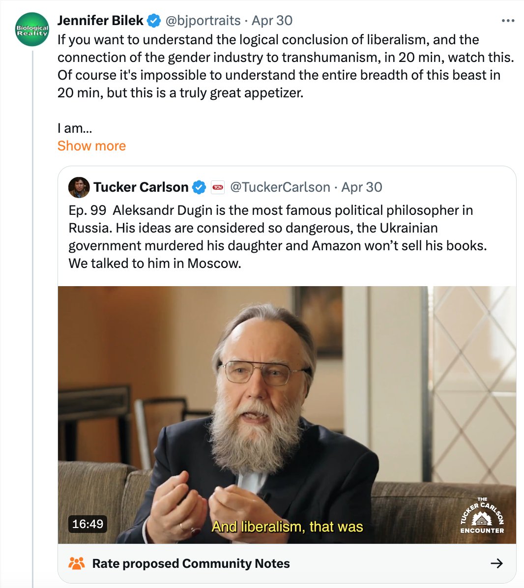 I am sorry, but sharing and amplifying an interview of Alexandr Dugin with Tucker Carlson in the name of fighting trans activism is... I don't know how I could describe this in a diplomatic way. Carlson aside, is it possible that Jennifer Bilek doesn't know who Dugin is? Does she…