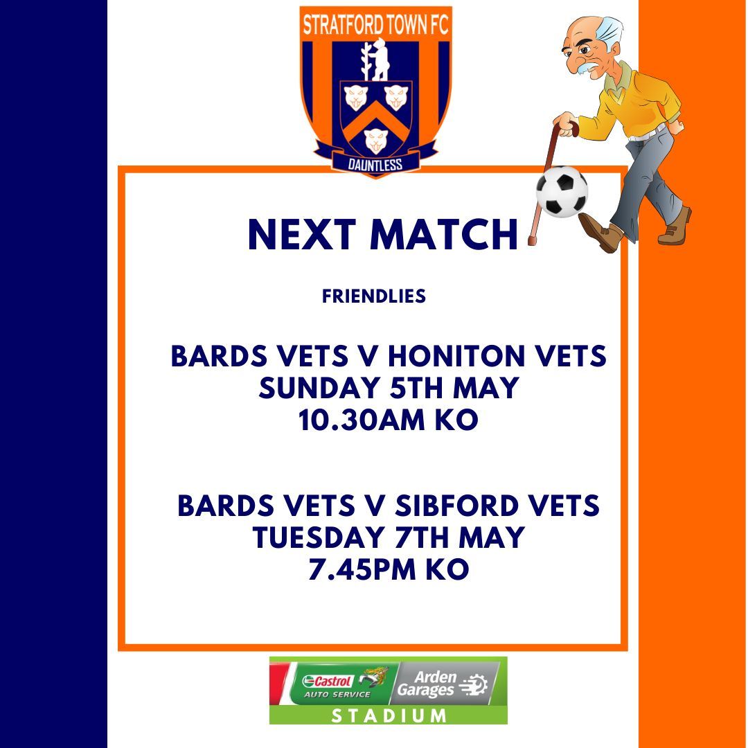 Stratford Town FC Veterans have a tough few days ahead of them with two friendlies in three days. On Sunday morning they take on Honiton and on Tuesday evening it's Sibford who are the visitors to the @ArdenGarages Stadium. #BardsVets