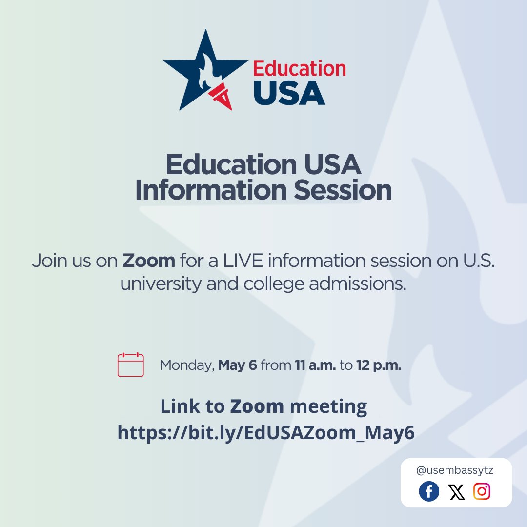 Please join us this Monday for a LIVE EducationUSA advising session on Zoom from 11 a.m. to 12 p.m. We will discuss about the opportunities to study in the U.S. and scholarships offered by U.S. Universities. Karibu! Link to Zoom meeting bit.ly/EdUSAZoom_May6