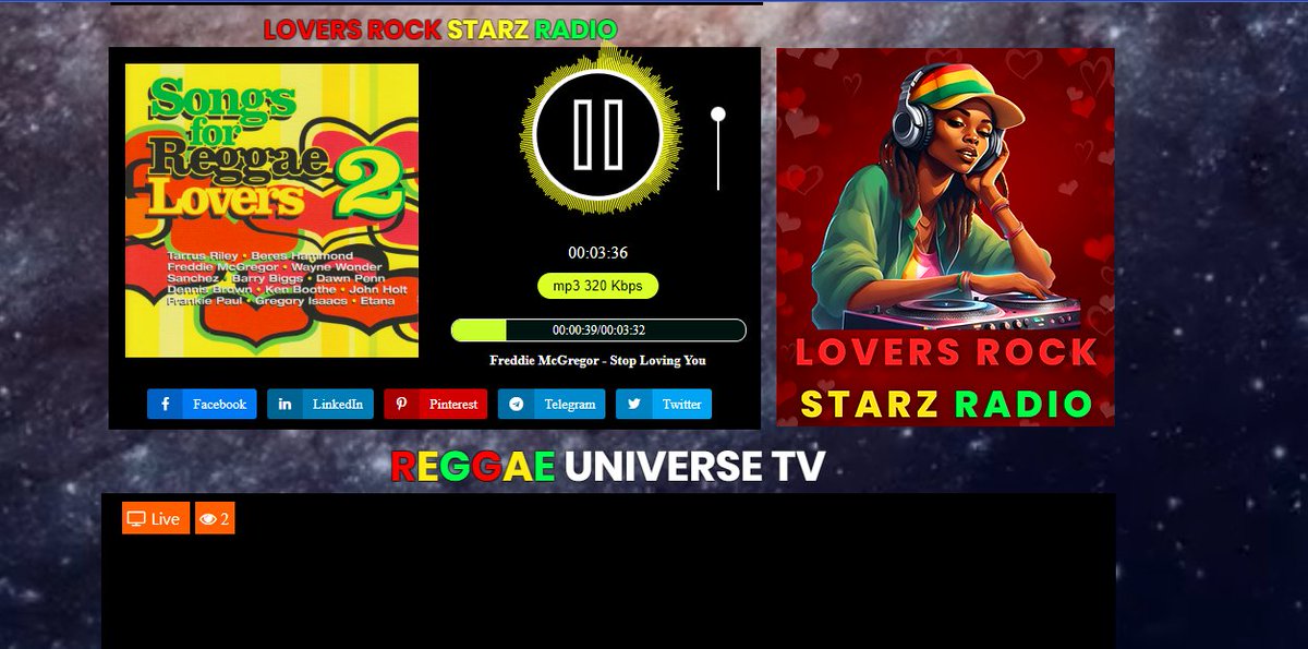 Radio Lovers Rock Starz
🔊joue actuellement⏯Freddie McGregor-Stop Loving You @ reggae-universe.com/#LoversRockSta… @ReggaeStarz_RSR @LRG_ENT_GROUPUK @reggaeunivrse @reggaeunrecords @reggaeunivrsetv #Reggae #soca #dancehall #loversrock #afrobeat #Dub #UK #Jamaïque #universStreamReggae🌍