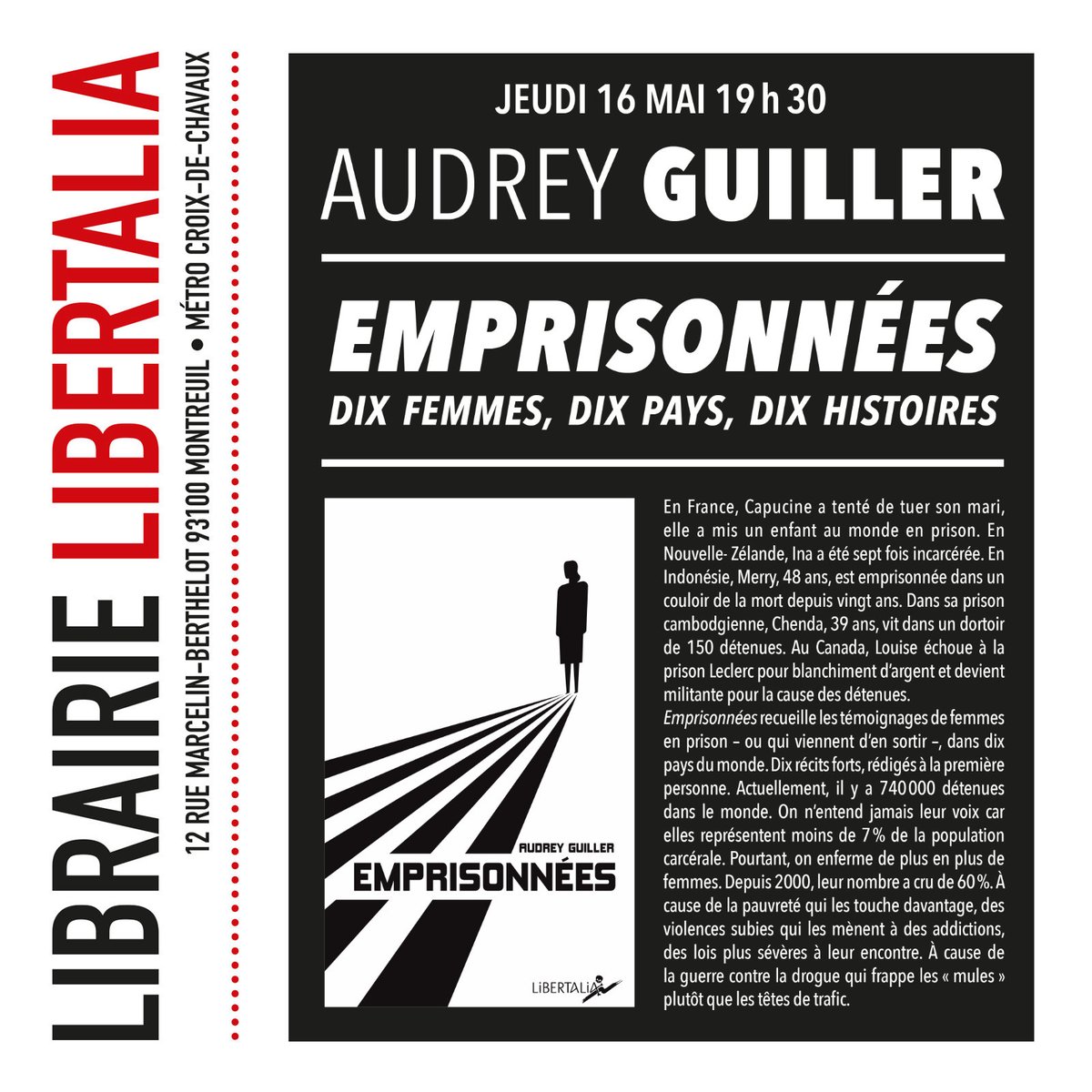 Pas de rencontre à la librairie Libertalia la semaine prochaine, mais on se retrouve jeudi 16 mai avec Audrey Guiller pour le lancement de son livre sur les femmes emprisonnées. #Montreuil editionslibertalia.com/catalogue/poch…