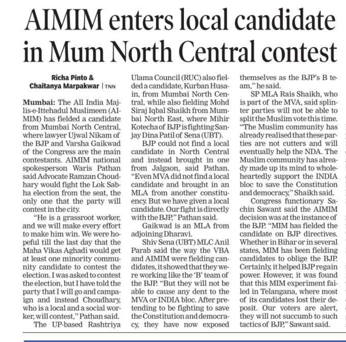 The @aimim_national will contest only on one seat from Mumbai which is the Mumbai North Central where Congress Varsha Gaikwad & BJP’s Ujwal Nikam are in fray. timesofindia.indiatimes.com/city/mumbai/ai…