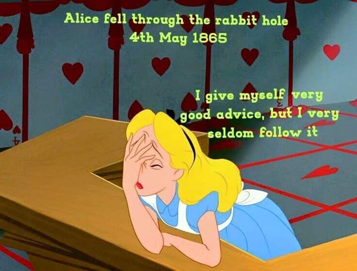 Alice fell through the rabbit hole 4th May 1865 I do love the nonsense & weirdness of #AliceinWonderland Believe anything is possible today & be wowed by the wonder of the world🙃✨💙;✨🌀🐰🎩🃏🫖 #becurious #becreative #bekind #bebrave @leglesstweets @elemcsherry @ELangfordMusic