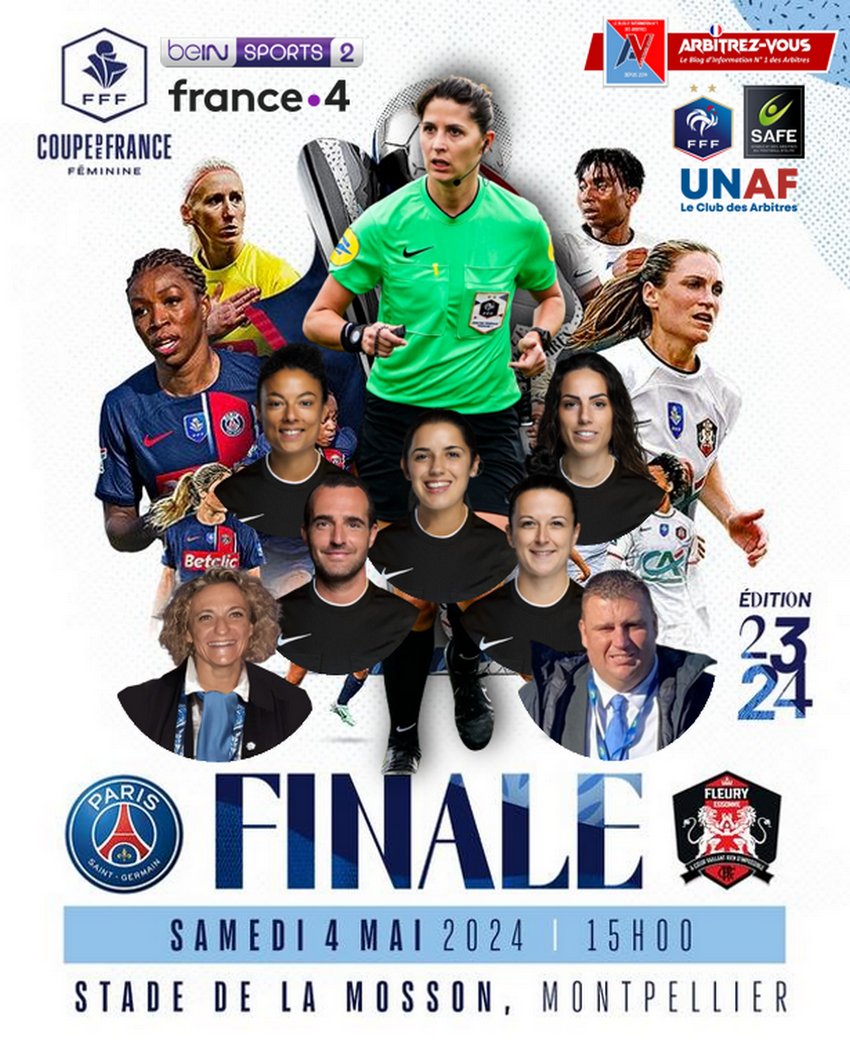 🐓 #FFF - 🏆 #CoupedeFranceFeminine #CDFF  🇫🇷
#⃣ #PSGFCF91 - FINALE
⚽️ @PSG_Feminines  🆚 @FCF91_feminines 
🗓️ 04/05/2024
🕖 15h00
🏟️ Stade de la Mosson - MONTPELLIER
📺 @beinsports_FR & @FranceTV 4

@ArbitresSAFE @FFF @lequipe @coupedefrancef @footamateur_fr @coeursdefoot