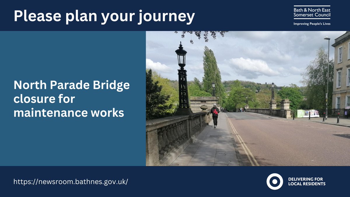 We’re carrying out maintenance works on North Parade Bridge in Bath.   📅 Work starts w/c 20 May  ➡️ Diversion route for drivers and cyclists: one.network/?GB138055325 ✅ Pedestrian access   More info on our Newsroom: newsroom.bathnes.gov.uk/news/temporary…