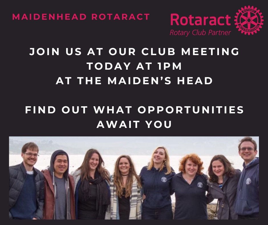 Looking forward to seeing everyone at our club meetup - 1pm at The Maiden's Head🍺 in Maidenhead. 👀 you there!

#PeopleOfAction #rotaract #rotaryinternational #rotary #volunteering #youthled #Maidenhead #18-30 #fun #friendship #meetingnewpeople maidenheadrotaract.co.uk