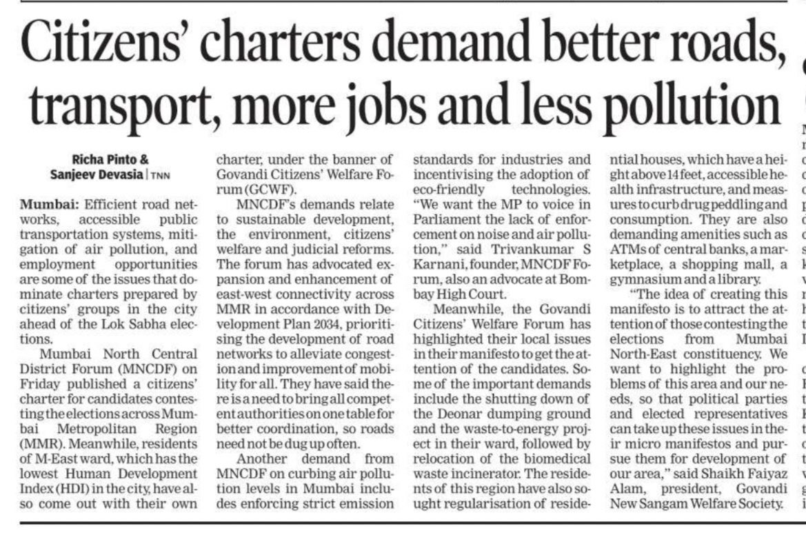 Citizen charter demands better roads, transport & less pollution. @MNCDFbombay & @GovandiCell timesofindia.indiatimes.com/city/mumbai/ci…