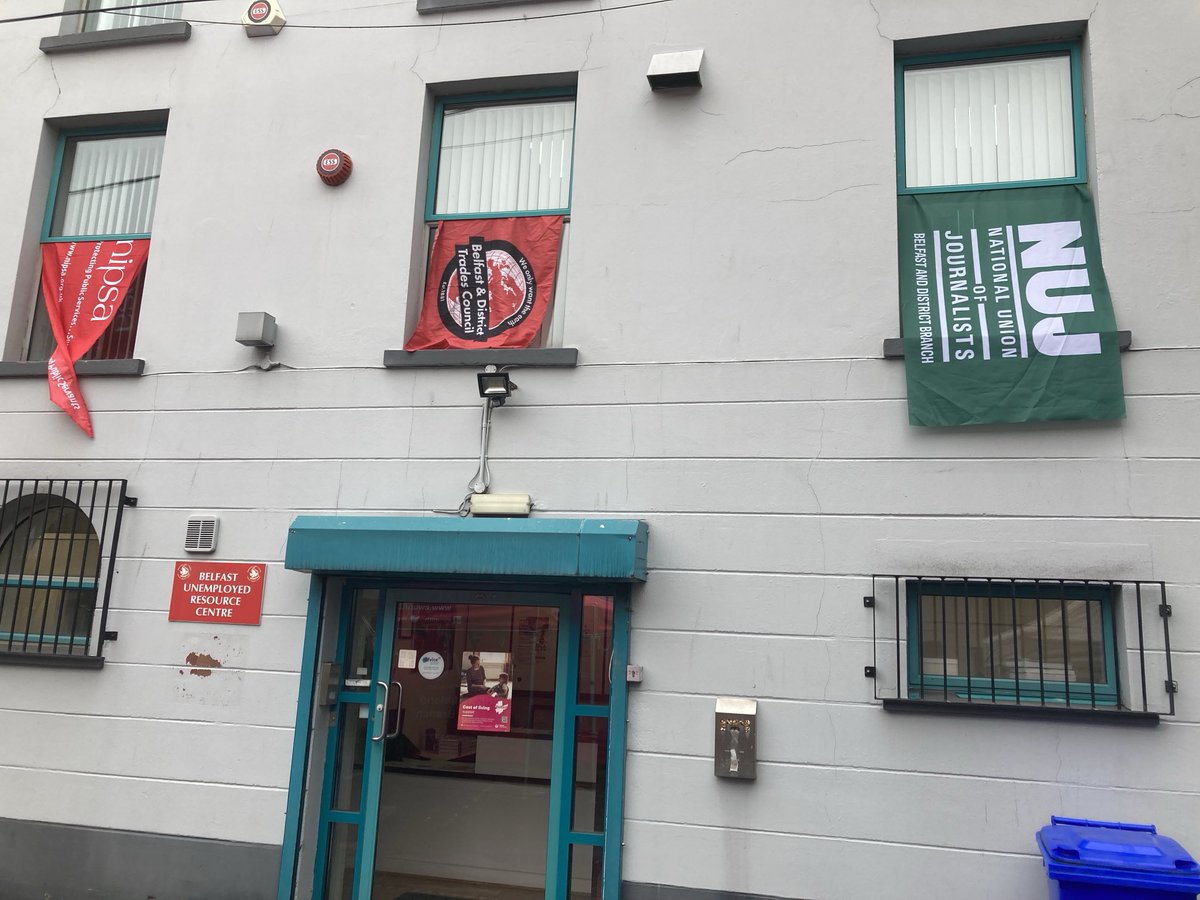 Flags out for May Day rally in Belfast today at ‘Larkin Square’ behind ICTU offices. Preparations under way for family events after main rally is over.