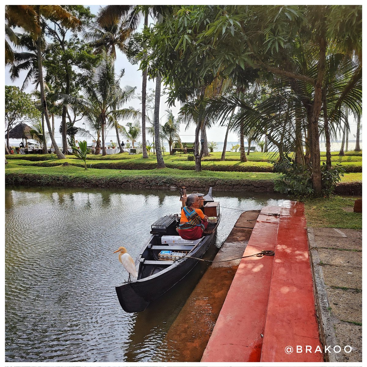 Ente Keralam... Where tea comes to you by boat with a heron perched on the stern.