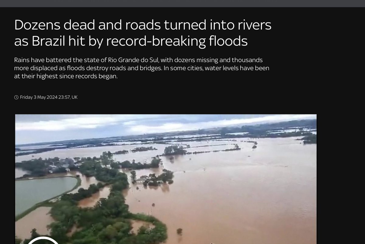 'RECORD BREAKING floods', Brazil. This may be us soon - and we wont be able to complain because most people are not even tweeting about it, most people cannot even be bothered to watch a climate change documentary or read a book. This is what weve chosen. news.sky.com/story/dozens-d…