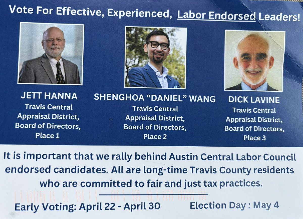 Today is Election Day for members of the Travis County Appraisal District board of directors! Get out there and vote for these three good candidates. In a low turnout election, your vote counts even more.