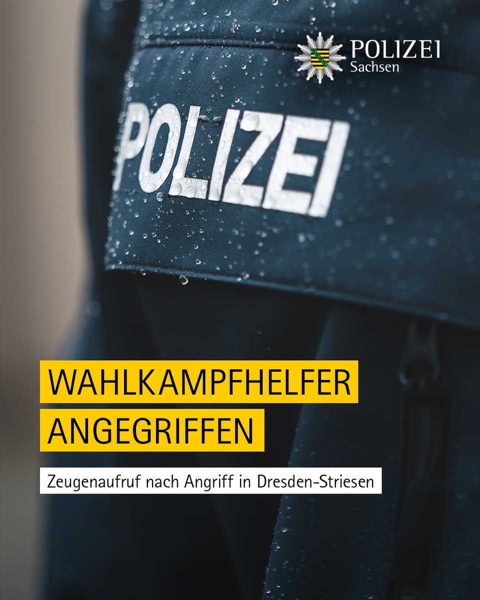 PolizeiSachsen's tweet image. Am Freitagabend sind jeweils ein Europaabgeordneter und ein Wahlkampfhelfer von einer vierköpfigen Gruppe im Bereich der Schandauer Straße in Dresden attackiert und verletzt worden.

Wir suchen Zeugen!

Zur Polizeimeldung der Polizeidirektion #Dresden:
polizei.sachsen.de/de/106241.htm