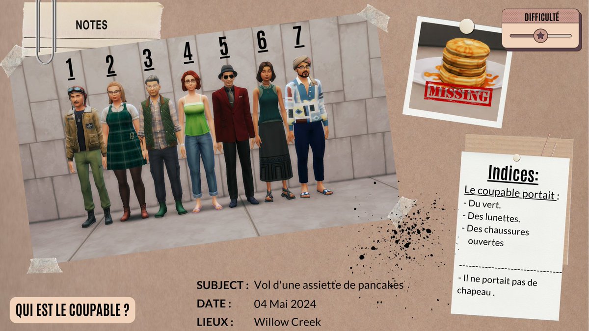 Coucou tout le monde ! 😊 C'est l'heure de votre mini jeu du samedi. Un crime odieux à u lieu à Willow Creek quelqu'un à volé l'assiette de pancake de Bob ? Qui est le coupable ? 𝑁𝑒 𝑝𝑎𝑠 𝑒́𝑐𝑟𝑖𝑟𝑒 𝑙𝑎 𝑟𝑒́𝑝𝑜𝑛𝑠𝑒, 𝑒𝑙𝑙𝑒 𝑠𝑒𝑟𝑎 𝑑𝑜𝑛𝑛𝑒́𝑒 𝑑𝑒𝑚𝑎𝑖𝑛.