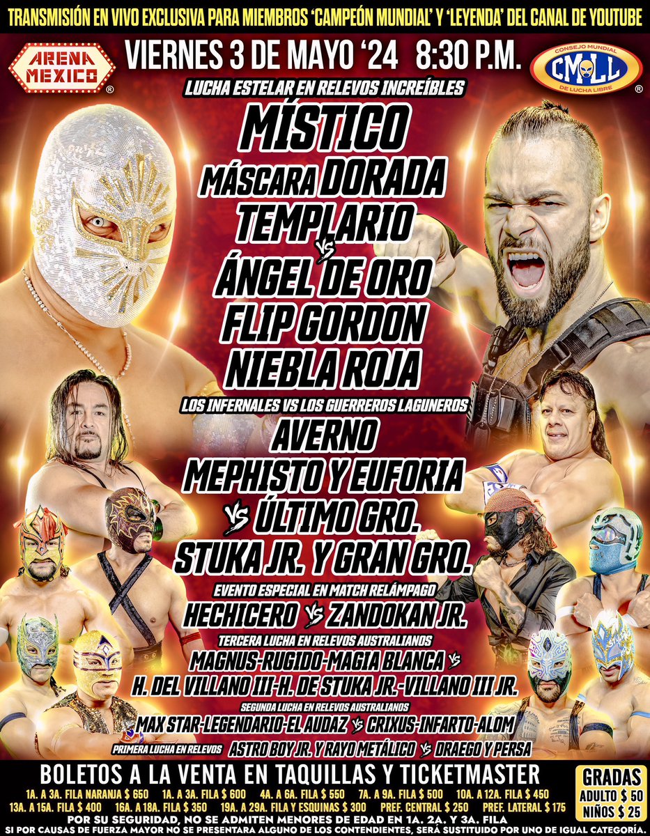 Pas de combat féminin sur la carte de #ViernesEspectacularCMLL cette semaine je suis triste. Le main event est très tentant ainsi que les combats d'Hechicero et des Villanos #CMLL