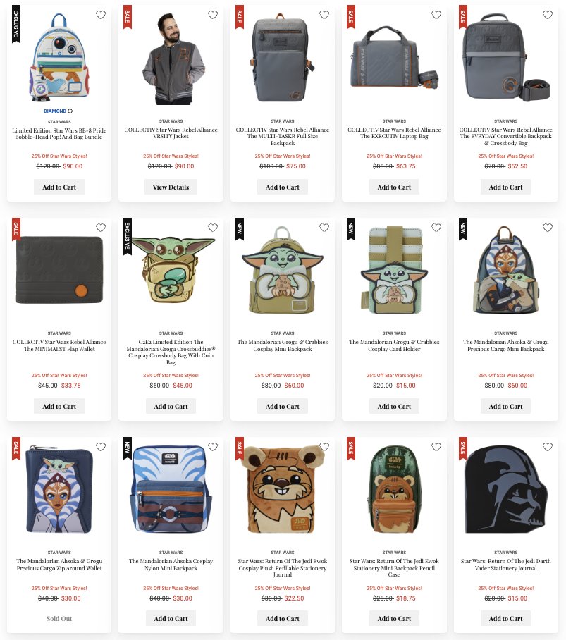 Get 25% off on handpicked Star Wars styles at Loungefly, featuring their latest COLLECTIV lines and exclusive items from C2E2. Link: finderz.info/3UsMXZb #Ad #StarWars #StarWarsDay #MayThe4th #MayTheForceBeWithYou #MayTheFourthBeWithYou #MayTheFourth #Disney #Loungefly