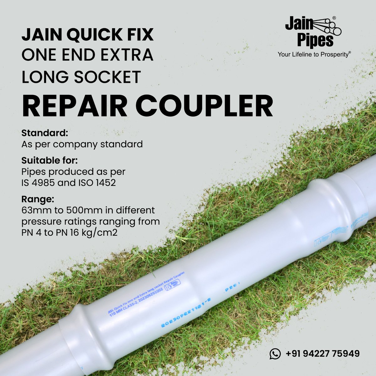 🔧 Introducing the Jain Pipes JAIN QUICK FIX ONE END EXTRA LONG SOCKET REPAIR COUPLER! 🔧
Crafted to our highest company standards, this repair coupler is your go-to solution for seamless pipe fixes.🛠️ 
#JainPipes #PipeRepair #Innovation