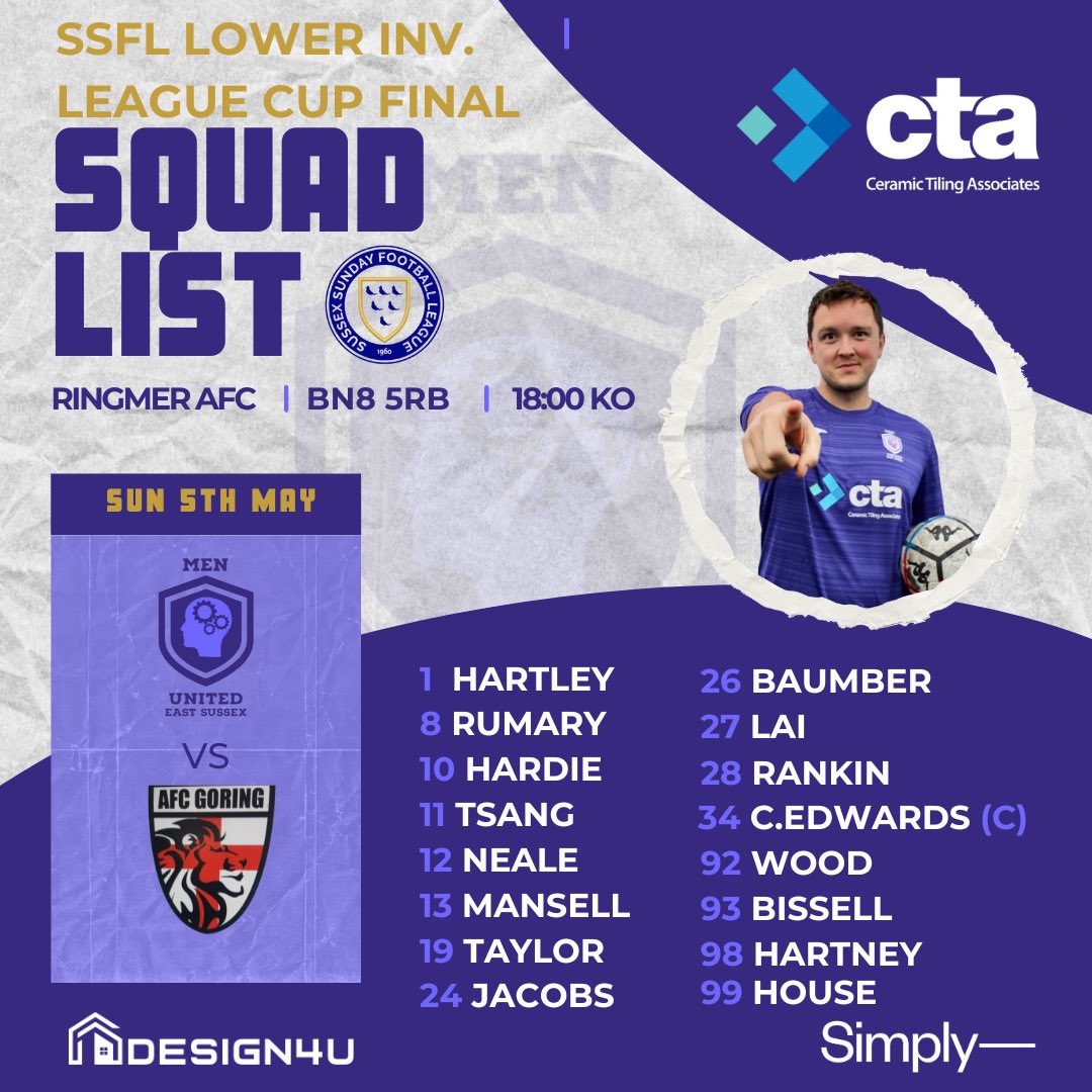 🏆 CUP FINAL SQUAD LIST 🏆

Here is the official squad for our first cup final! ⚽️

The boys can’t wait for kick off and we look forward to seeing you all of the sidelines tomorrow ⚽️💜🤍

#ssfl #smashthestigma #sundayleague #cupfinal #squadlist #menunited