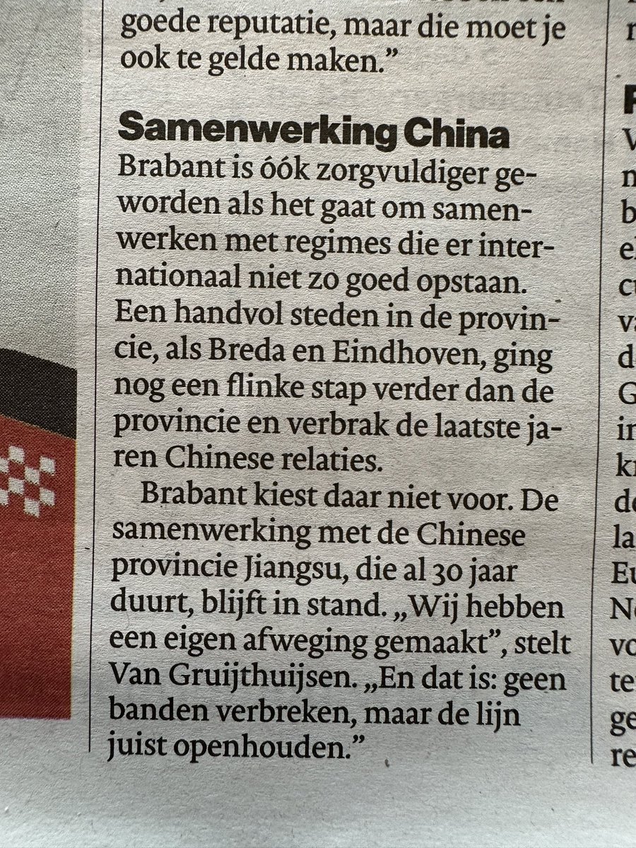 💡<a href="/brabantsdagblad/">Brabants Dagblad</a> highlight: <a href="/Brabant/">Provincie Noord-Brabant</a> <a href="/volgmartijn/">Martijn van Gruijthuijsen</a> houdt banden met China open, ondanks tegenstand van andere steden. Cruciaal voor de 70% internationaal actieve Brabantse bedrijven. Focus op positieve samenwerkingen, niet op negatieve stereotypen. #Brabant #China #International