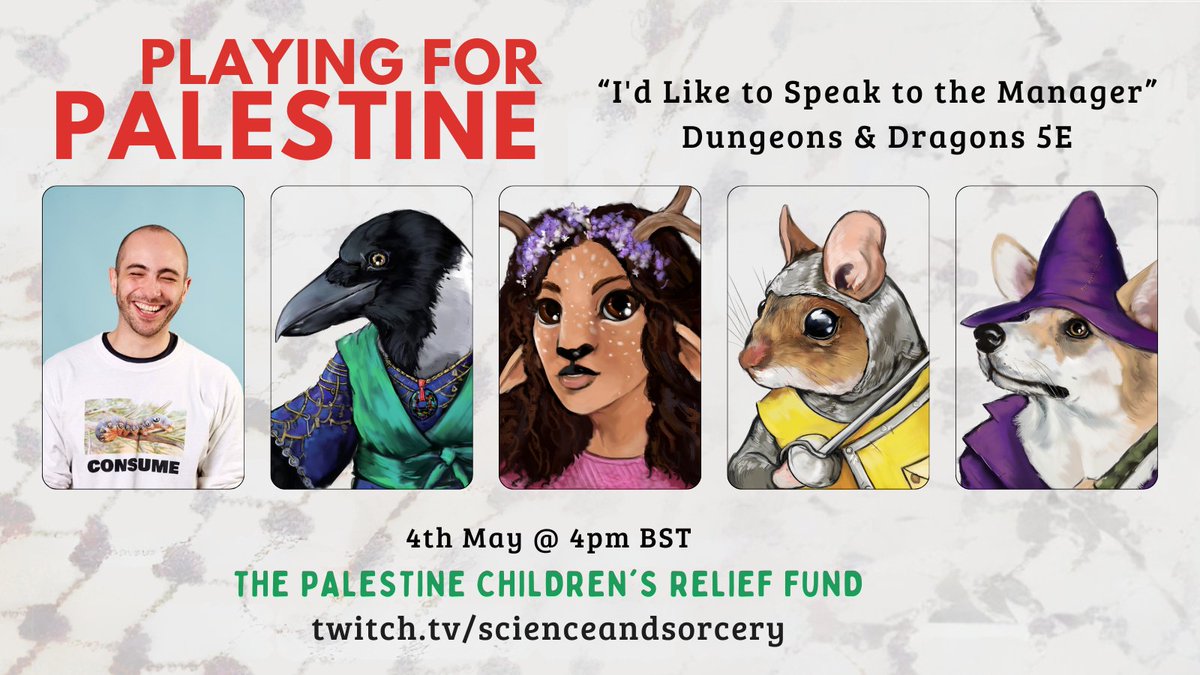 The 1st of our final 2 Playing for Palestine one-shots kicks off at 4pm BST/11am EST/8am PST 'I'd Like to Speak to the Manager' DM @DrTalksALot @RichardHPerry @estelofimladris @in_the_pan @DrCarpineti A stacked cast, an incredible story! C u there! twitch.tv/scienceandsorc…