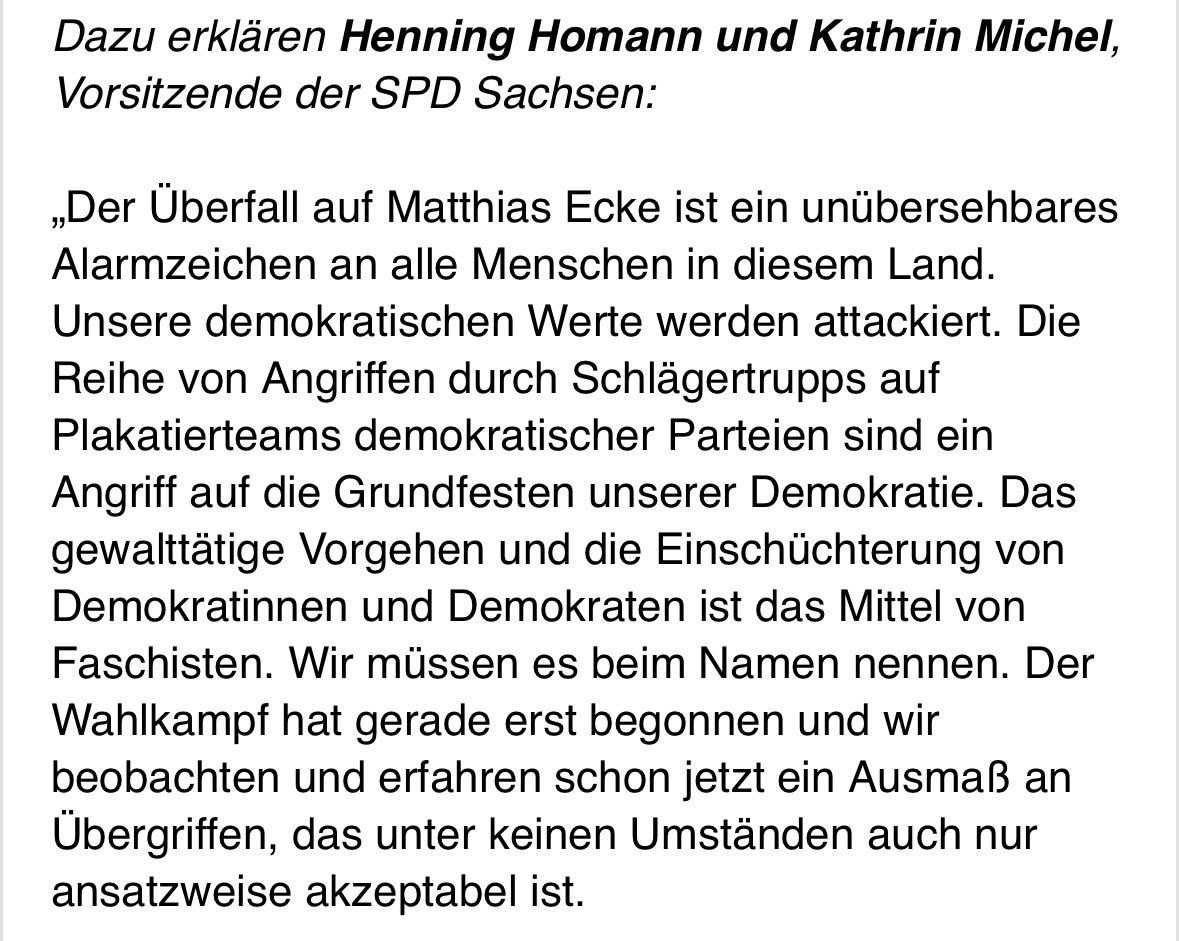 Über die Stimmung im Wahljahr wird in Sachsen viel diskutiert. Gestern Abend wurde der SPD-Europaabgeordnete Matthias Ecke in Dresden beim Plakatieren angegriffen und schwer verletzt. Er muss operiert werden. Da fehlen einem auch als Journalist die Worte … #Sachsen #ltwsn24